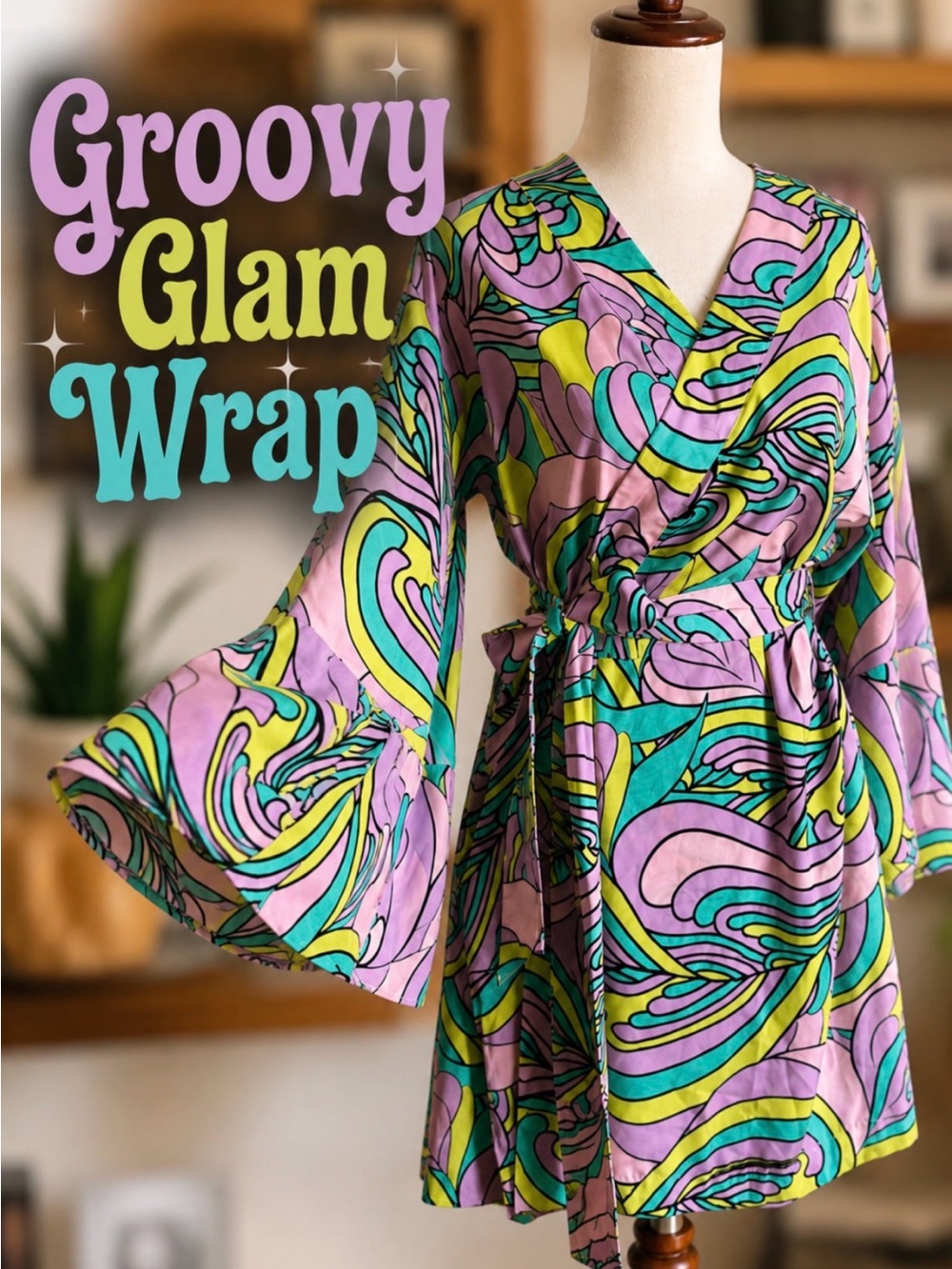 Giuliana x BeautyBio Psychedelic Print Wrap Dress | Kimono with Bell Sleeves | S